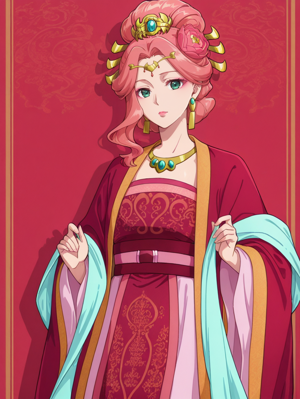 03078-163548397-1girl,cowboy shot, _ymyy,pink hair,single sidelock,hair ornament,hair stick,hair flower,hair bun,updo,forehead jewel,green eyes,.png